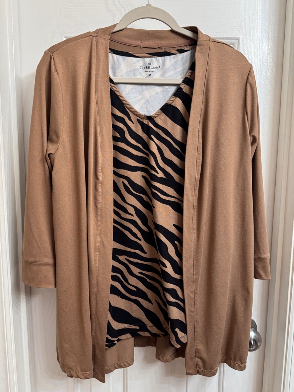 Cuddl Duds Flexwear Animal & Taupe Open-Front Cardigan And Tank Set